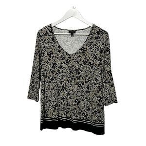 J. JILL WOMENS TOP SZ SMALL V-NECK FLORAL PRINT WEAREVER COLLECTION BLACK BROWN